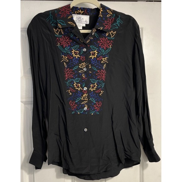 Vtg Womens 100% Silk Floral Embroidered‎ button front Blouse Black Sz Small - Picture 1 of 9
